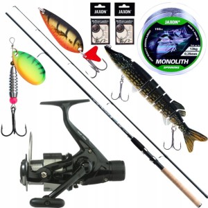 Przejdź do produktu Zestaw SPINNINGOWY NA SZCZUPAKA Wędka Kołowrotek Żyłka Przynęty JAXON