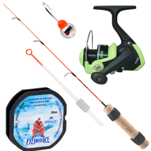 Przejdź do produktu Zestaw PODLODOWY NA MORMYSZKI Wędka Kołowrotek Żyłka Kiwok Mormyszka MIKADO